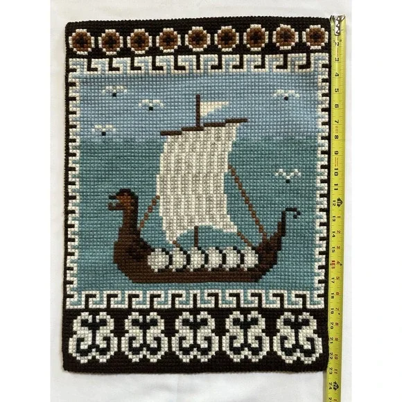 NORWEGIAN VIKING DRAGON SHIP DESIGN DOUBLE CROSS STITCH EMBROIDERY WALLHANGER