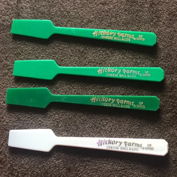 Vintage Hickory Farms of Ohio Cheese Ball & Log Mini Plastic 5” Green Spatulas
