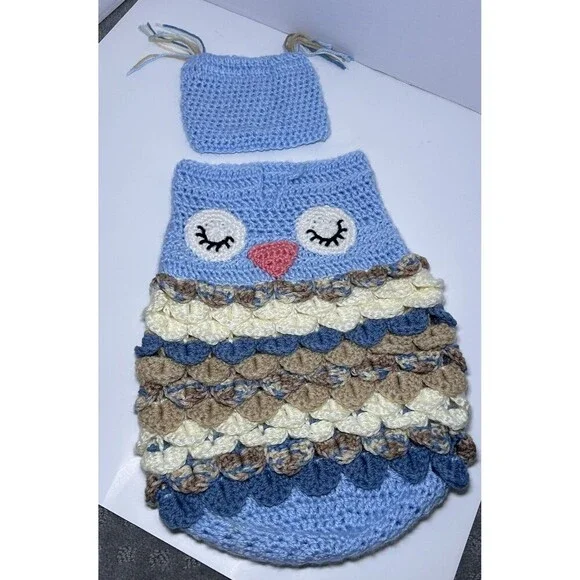 Newborn Crochet Owl Cocoon Outfit Set Blue Cream Brown Photo Prop Handmade