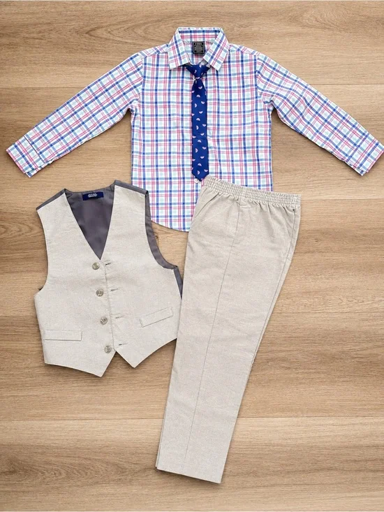 IZOD Boys 4-Piece Dress Suit Set Size 5 Plaid Shirt, Tie, Vest & Dress Pants