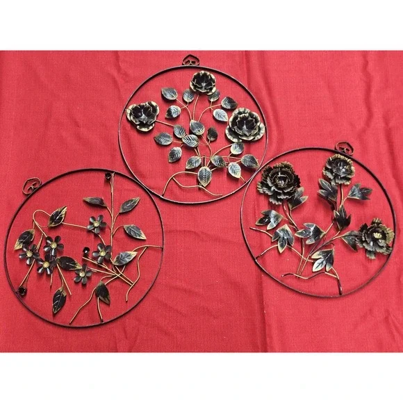 3 Piece Vintage‎ Floral Metal Wall Hangings RARE Aproximately 12 inches In...
