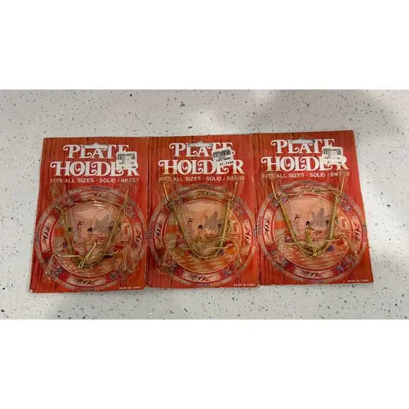 Set of 3 Plate Hanger 7-10” Brass Hanging Wire Display New In Package
