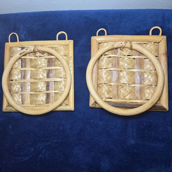 Set Of 2 Bamboo Woven Wall Mount Towel Ring Holder Boho Beach Decor 1970's