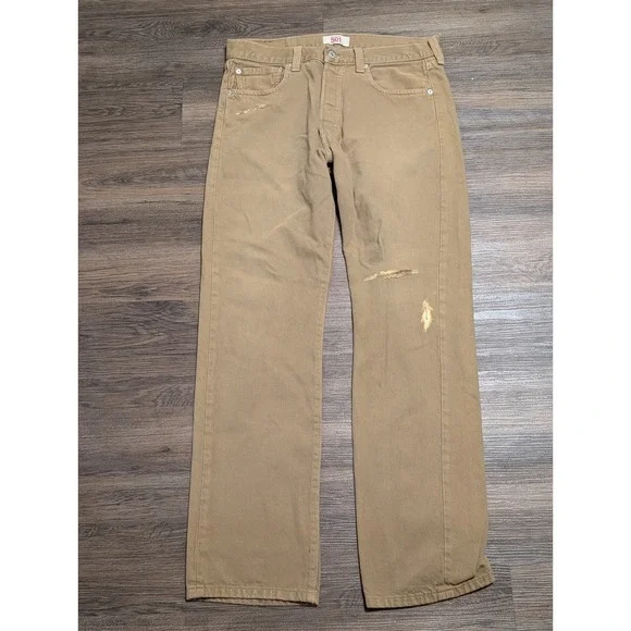 Levis 501 Original Mens 33x32 Straight Leg‎ Distressed Khaki Tan Denim Jeans