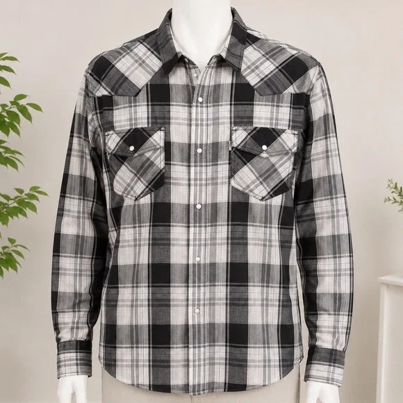 Levis Mens XL Modern Western Pearl Snap Front Plaid Shirt Cowboy Vintage Style