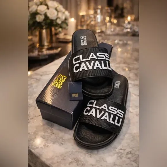 Class Cavalli Logo Slide Sandals Black | Size 42 | New w/ Box & Tags