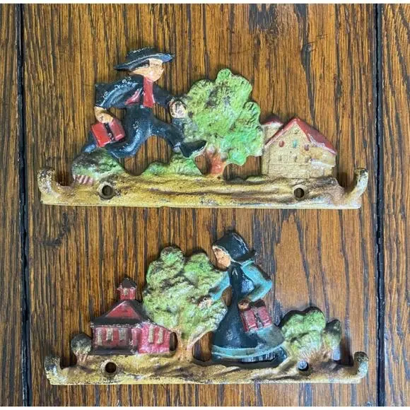 2 Antique Amish Set of Cast Iron Wall Hooks - Keys, jackets, coats...