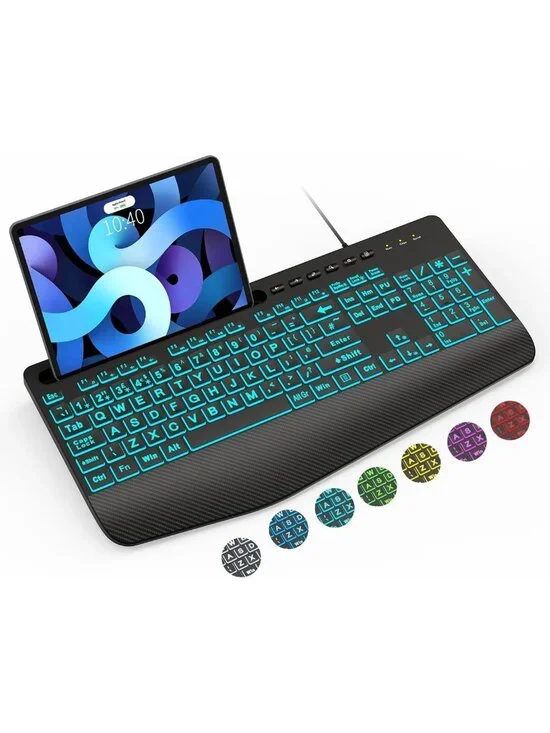 Large Print Backlit Keyboard with Wrist Rest & Phone Holder - USB Wired, 7