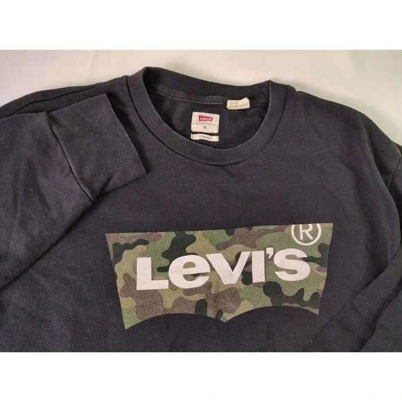 Levis Mens Sweatshirt Black Camo Batwing Logo Graphic Pullover Fleece Crewneck M