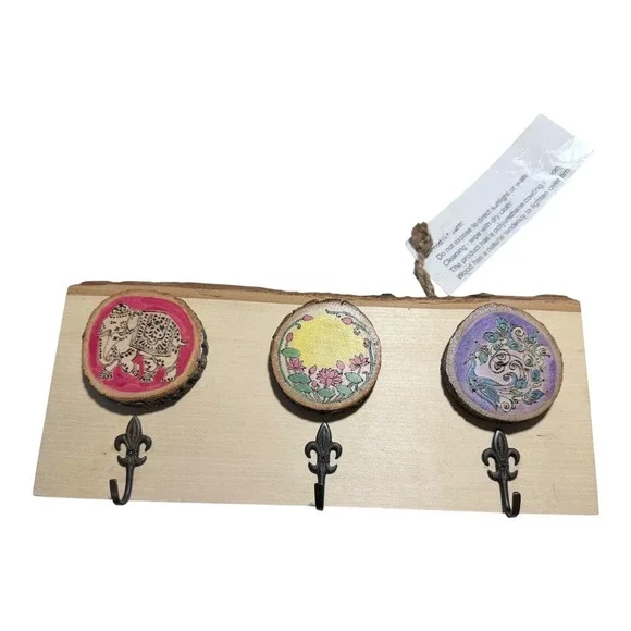Boho Artisan Wood Slice Wall Hook Rack Hand Painted Elephant Peacock Decor