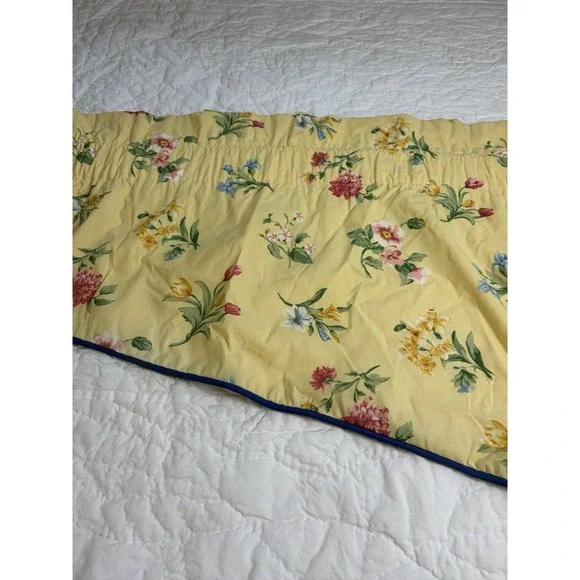 Vintage Yellow Floral Valances With Blue Piping Lined Custom Made Set Of 2