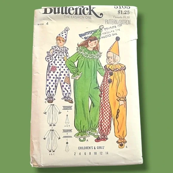Vintage Butterick 5105 Clown Costume Sewing Pattern‎ Uncut FF Girls Sz 4