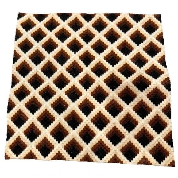 Vintage Latch Hook Rug Brown Cream Black Geometric Retro 1970s Wall Hanging