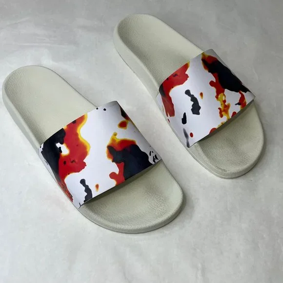 Under Armour Mens Size 14 White Slides With Abstract Red & Black Splatter Design