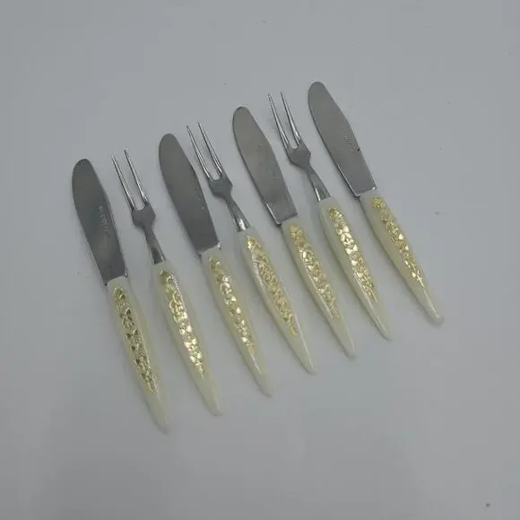 Vtg MCM 1950s Cocktail Fork Knive Utensils Set Dessert Fruit Cheese Japan