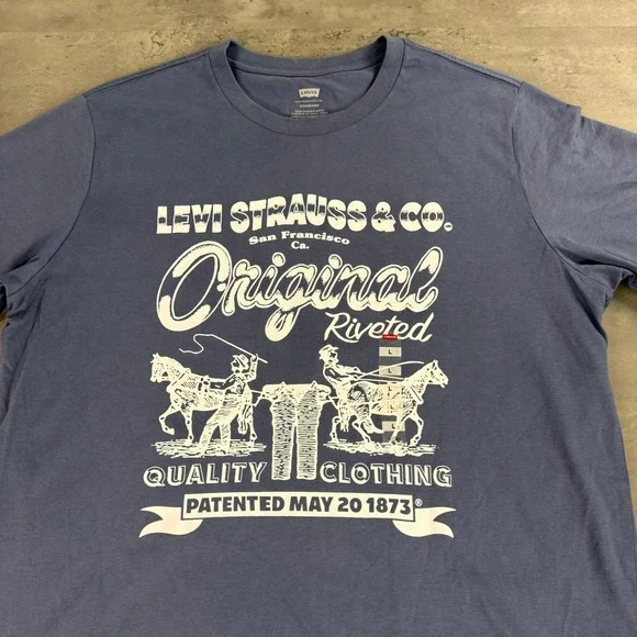 Levis Graphic T-Shirt Mens Large Blue Original Riveted Two Horse Logo‎ Tee