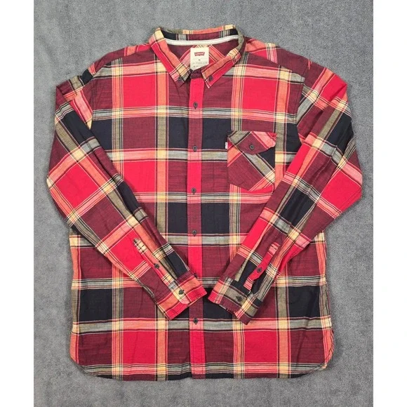 Levis Button Down Shirt Mens XXL Red Black Plaid 3LDLW1551 Excellent Long Sleeve