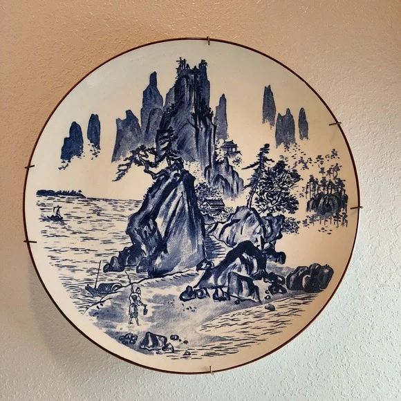 Vintage Blue‎ White Scenic Plate Wall Art Asian Landscape Village Boat