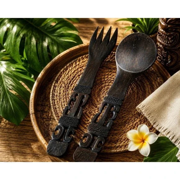 Large Vintage Tiki Hand Carved Wood Spoon Fork Set Polynesian Tribal 14