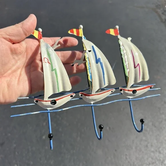 VINTAGE Three Sailboat Boats Wall Coat Hanger Seagulls Metal Beach Nautical 3D
