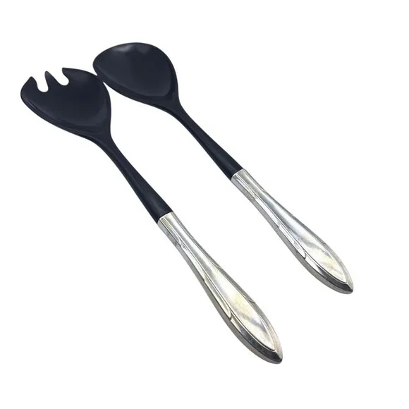 Reverie 1937 Silverplate by Oneida Salad Serving Set Black Plastic & Silver Vtg‎