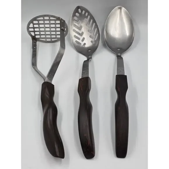 CUTCO Serving Utensil Set 3 Pc Slotted Spoon Basting Serving Masher Brown Swirl