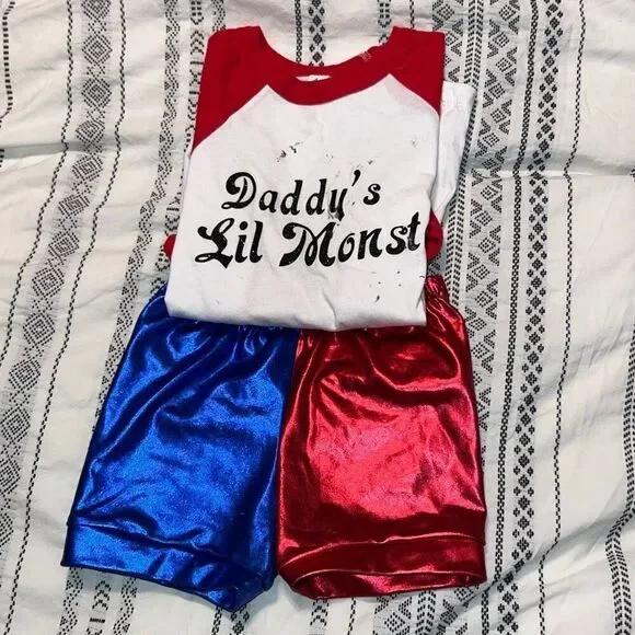 Harley Quinn “Daddy’s Lil Monster” Costume Set – Girls 5T – Red & Blue Shorts Ou