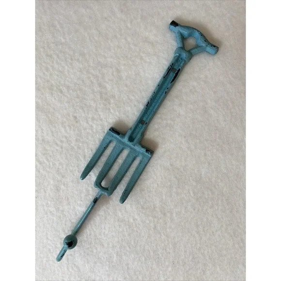 Cast Iron Garden Fork Wall Hook Distressed Blue 12
