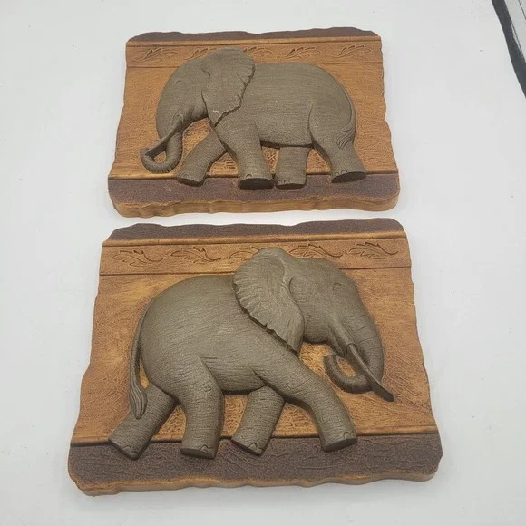 Vtg Home Interiors GIA HOMCO‎ Elephant Wall Hangings Plaques 2-Set 9.5