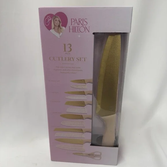 PARIS HILTON 13‎ PIECE CUTLERY SET PARIS HILTON KITCHEN KNIFES PINK & GOLD NEW