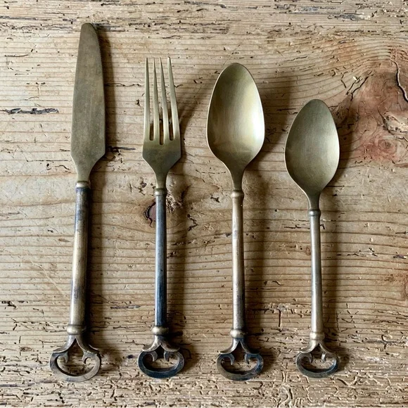 Vintage Pottery Barn Bronze Keys Flatware 4 Four Piece Set Lot Knife Fork Spoons