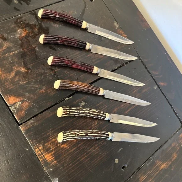 Stainless Steel‎ Blade Steak Knives Faux Stag Horn Antler Handles Japan Set of 6
