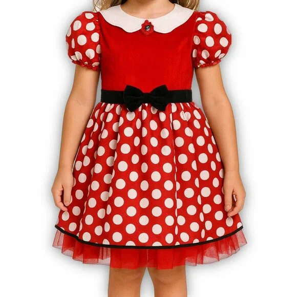 Disney Minnie Mouse Red Polka Dot Costume Dress Girls 8/10 Puff Sleeve Party
