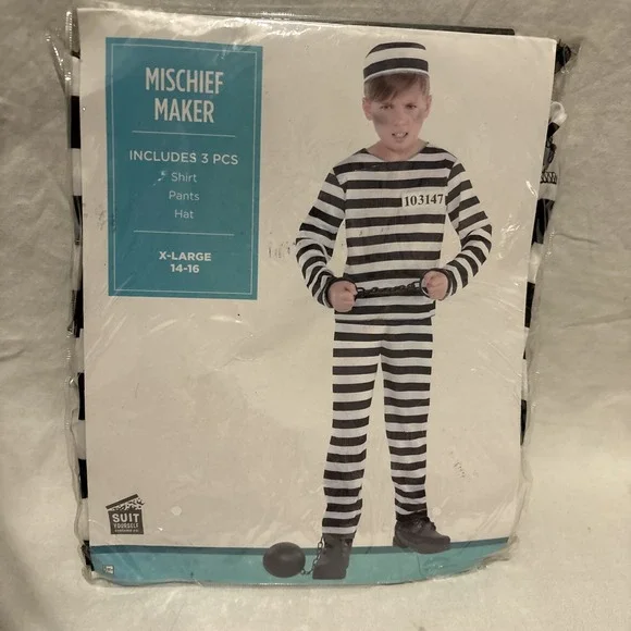 boys NEW NIP MISCHIEF MAKER CONVICT HALLOWEEN COSTUME XL HAT PANTS TOP