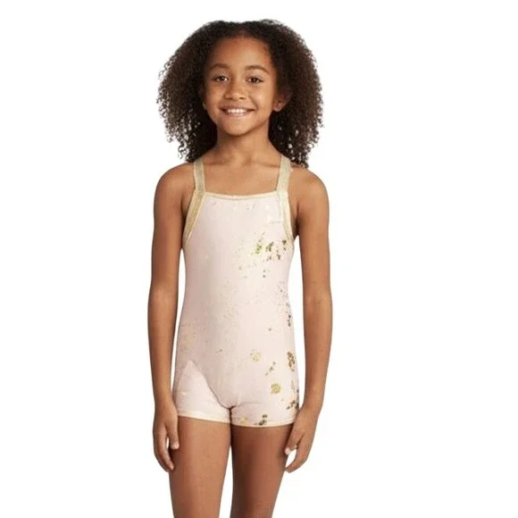 Justice Biketard Girls XL‎ 16/18 Pink Gold Strappy Back Dance Gymnastics Sparkle