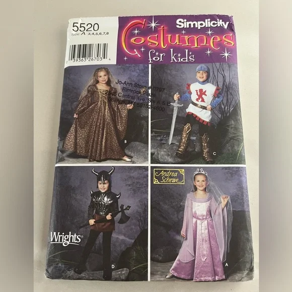 Simplicity 5520 Kids’ Costumes Sewing Pattern Renaissance Princess Knight 3-8
