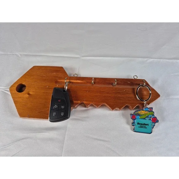 Vintage Rustic Wooden Giant Key Shaped Wall Mounted Key Holder 4 Hooks Entryway