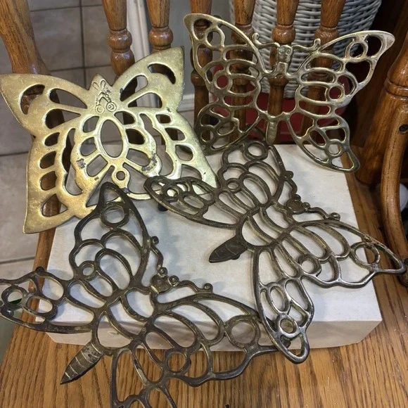 Vintage Patinated Four Brass‎ Butterflies, Trivets Wall Hangings Made In Taiwan