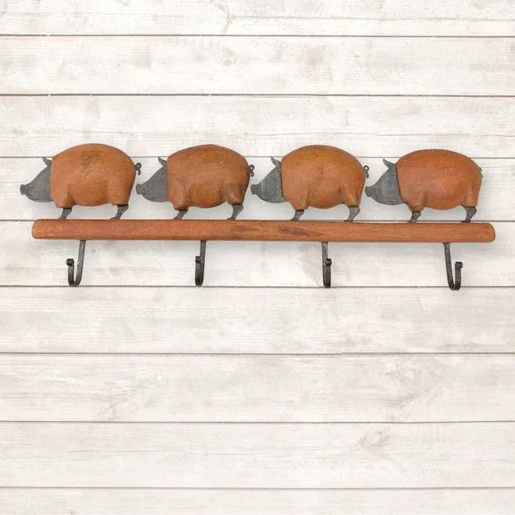 Rustic Wood and Metal Pig Wall Mount Coat Rack 4 Hook Farmhouse Entryway Decor