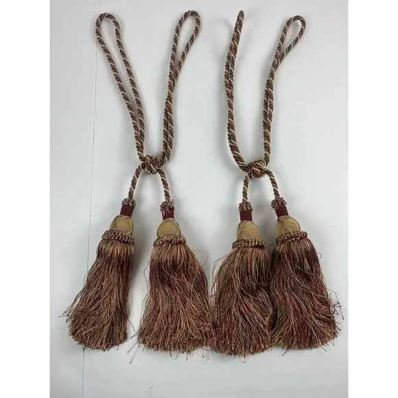Vintage 90s Set Of Double Tassel Curtain Tiebacks Burgundy & Gold