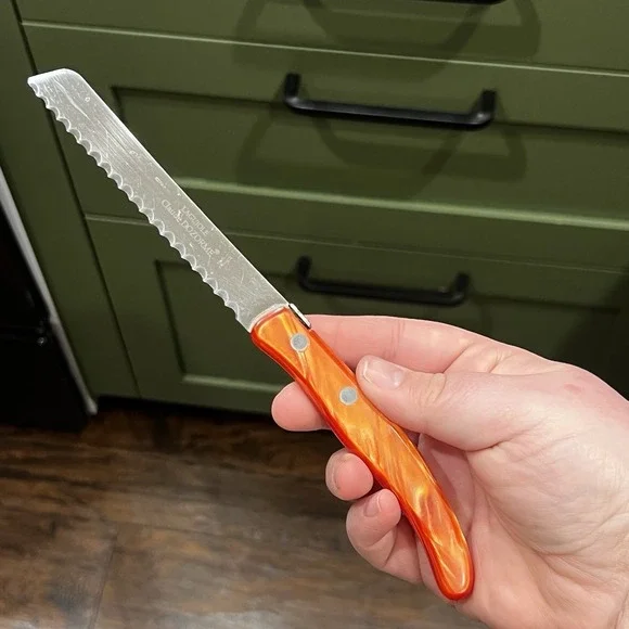 Claude Dozorme Laguiole Serrated Kitchen Knife Orange Handle Stainless France