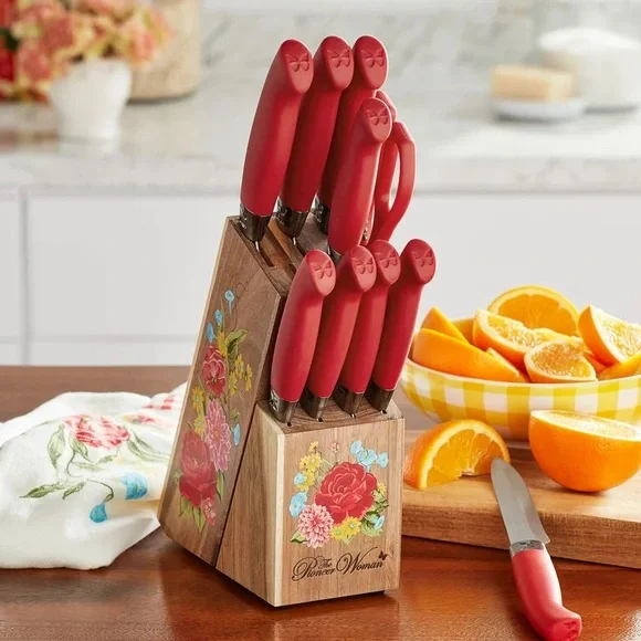 The Pioneer Woman Sweet Rose 11-Piece Stainless Steel Knife Block Set, Red NEW