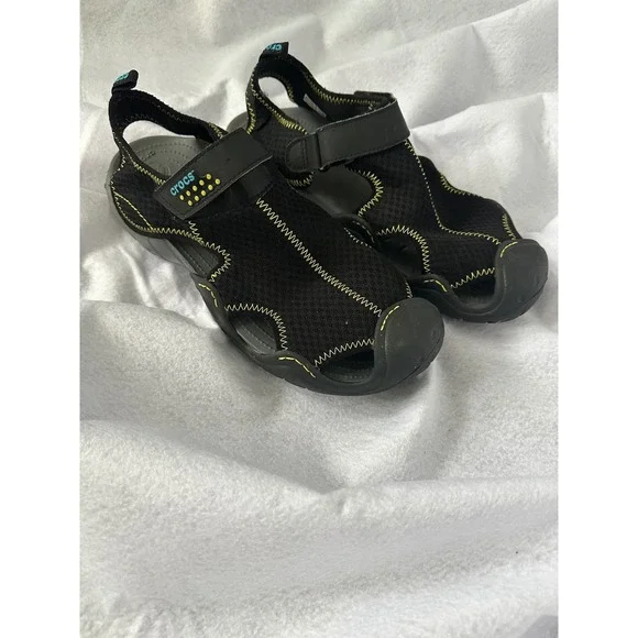 Crocs Swiftwater Men 12 Black Yellow Mesh Closed Toe Water Sport Sandals 15041