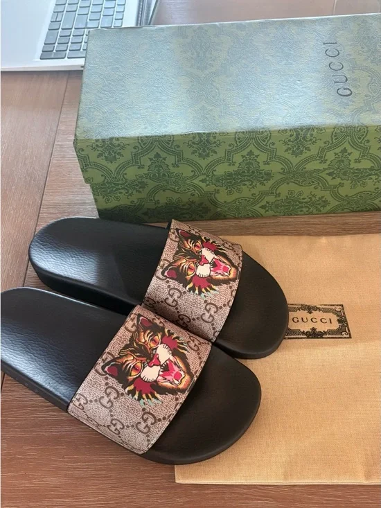 Fashion GG Black Slides with Beige Strap and Multicolor Tiger Motif ‼️READ‼️