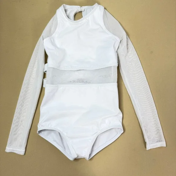 Balera White Long Sleeve Mesh Double X-Back Dance Leotard IC Intermediate Child