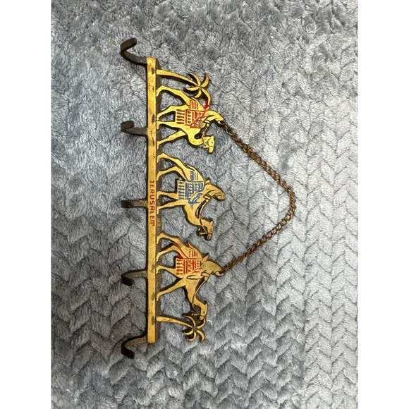 Vintage Brass Jerusalem Camel Wall Hook Rack 5 Hook Key Holder Souvenir Israel