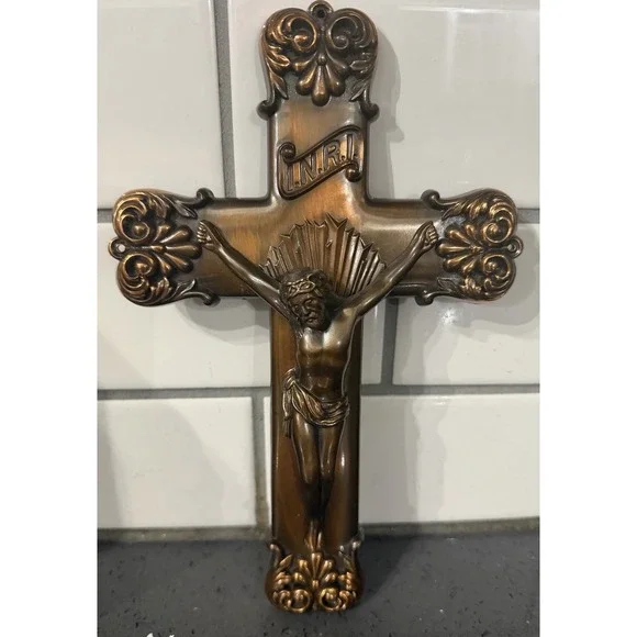 Vtg Crucifix Cross Wall Hanging Metal Copper Jesus Religious