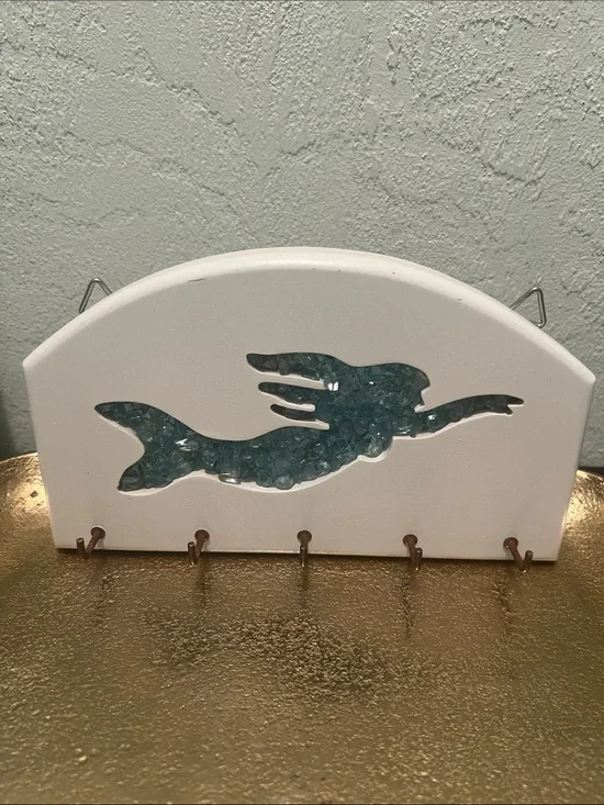 #2095**White Wall Key Rack with Teal Mermaid Inlay - Coastal Home Decor