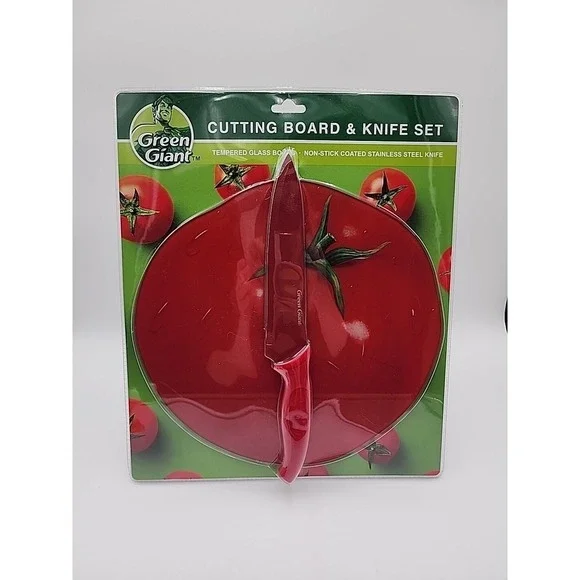 NEW Jolly Green Giant Tempered Glass Cutting Board And Knife Set Tomato