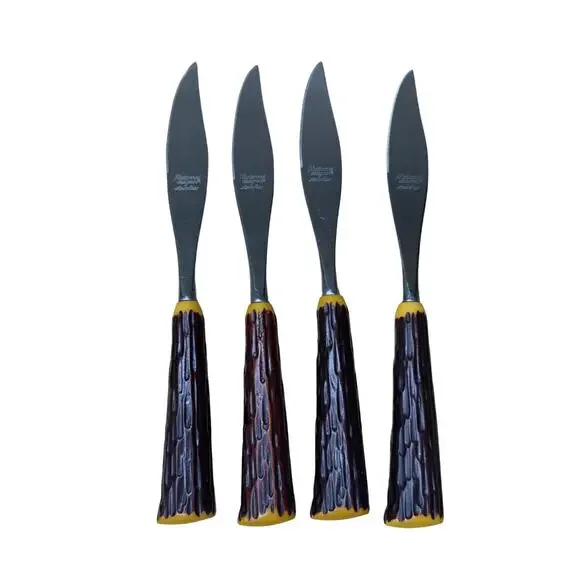Vintage MCM Fleetwood Designer‎ Stainless Steak Knives Faux Wood Handle Set of 4